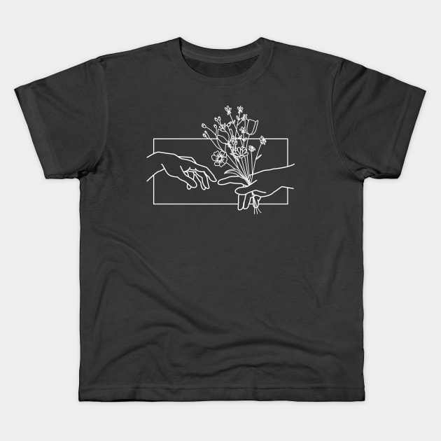 Michelangelo Minimalist Hand Giving Flowers Funny Valentine’s Day Kids T-Shirt by Fitastic